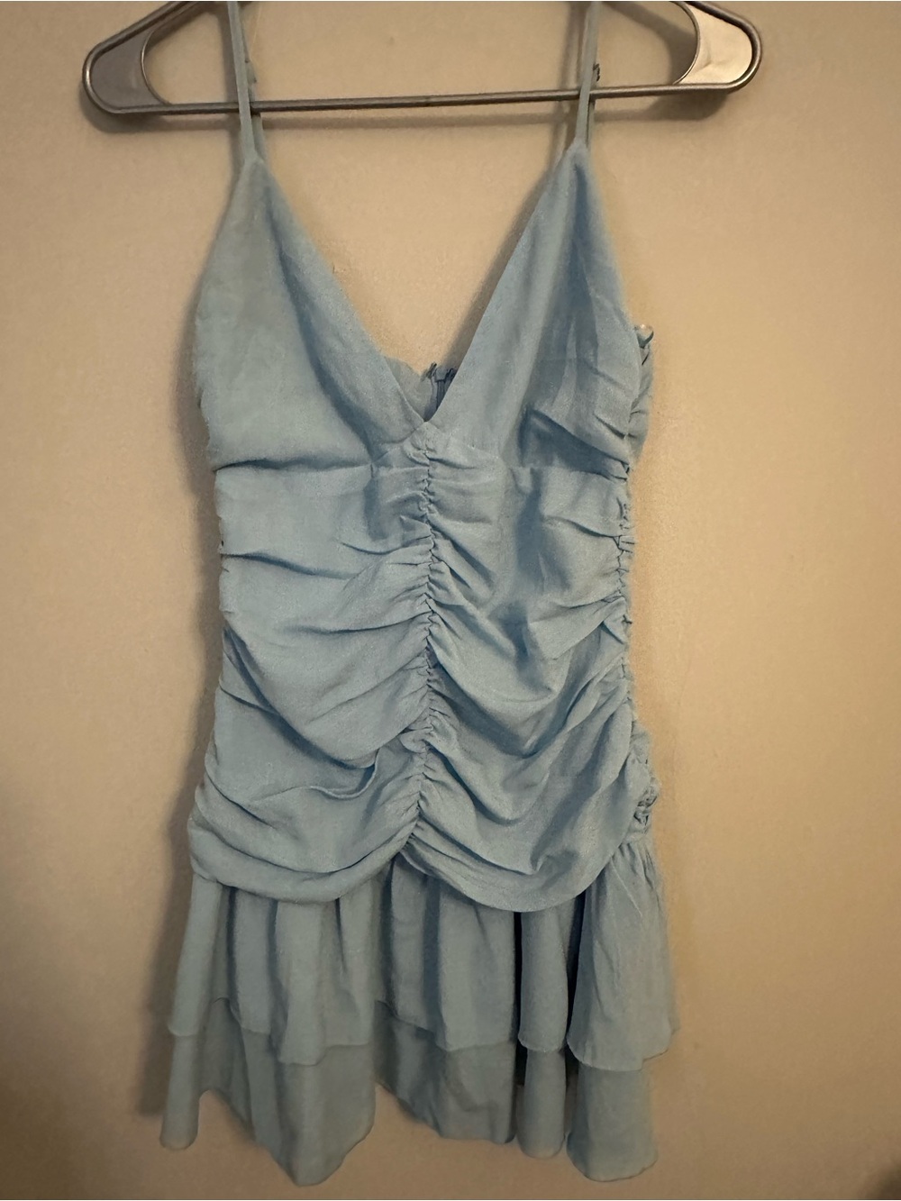 Thats so fetch Light Blue Ruched Mini Dress with Tiered Skirt
